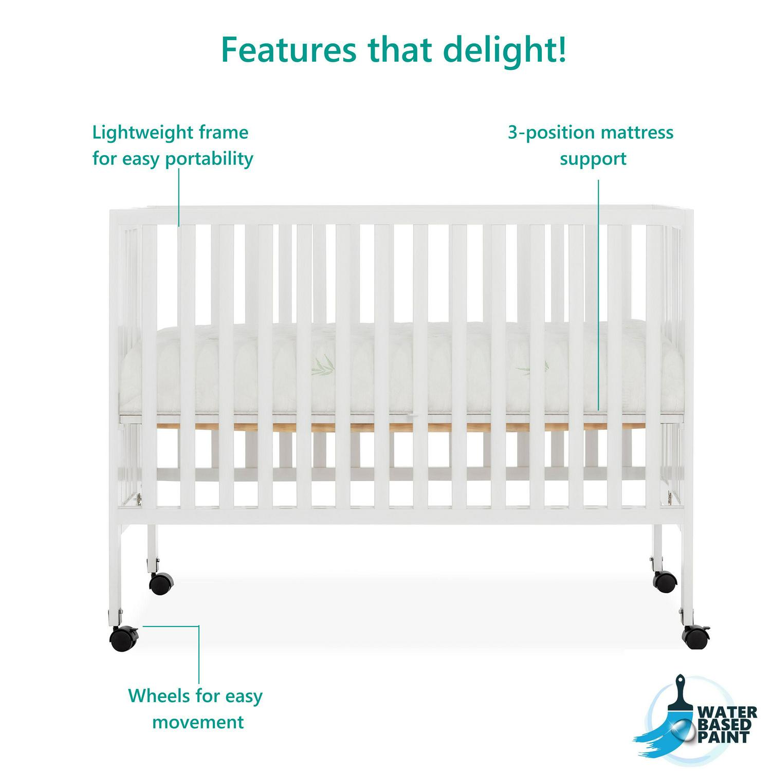 Dream on Me Quinn Full - Size Folding Crib. Removable Wheels. Modern Nursey. Adjustable Mattress Support. Patent Folding System in White