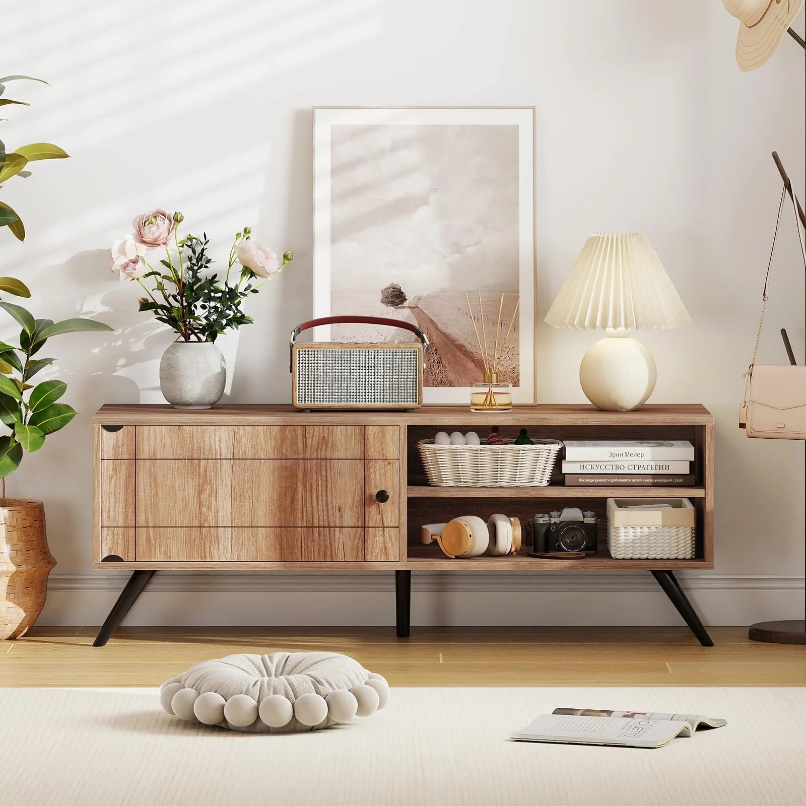 TV Stand for TVs up to 55 Inch Mid Century Modern Entertainment Center with Storage Cabinet