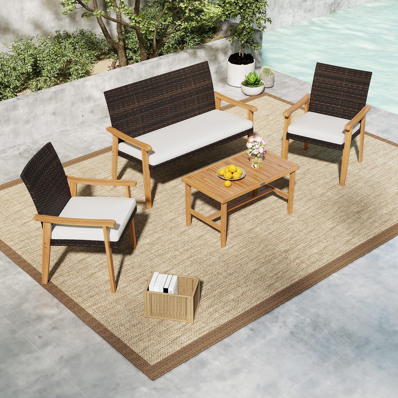 Tangkula PE Rattan Outdoor Cushioned Conversation Chairs with Acacia Wood Coffee Table