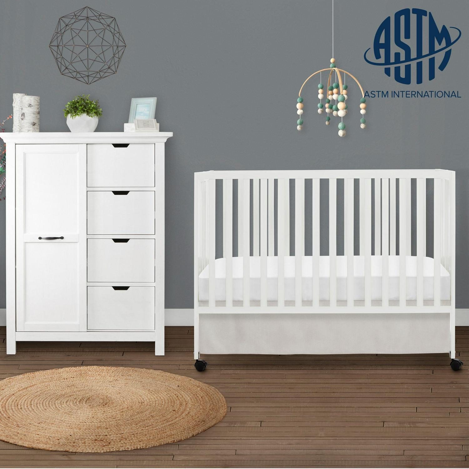 Dream on Me Quinn Full - Size Folding Crib. Removable Wheels. Modern Nursey. Adjustable Mattress Support. Patent Folding System in White