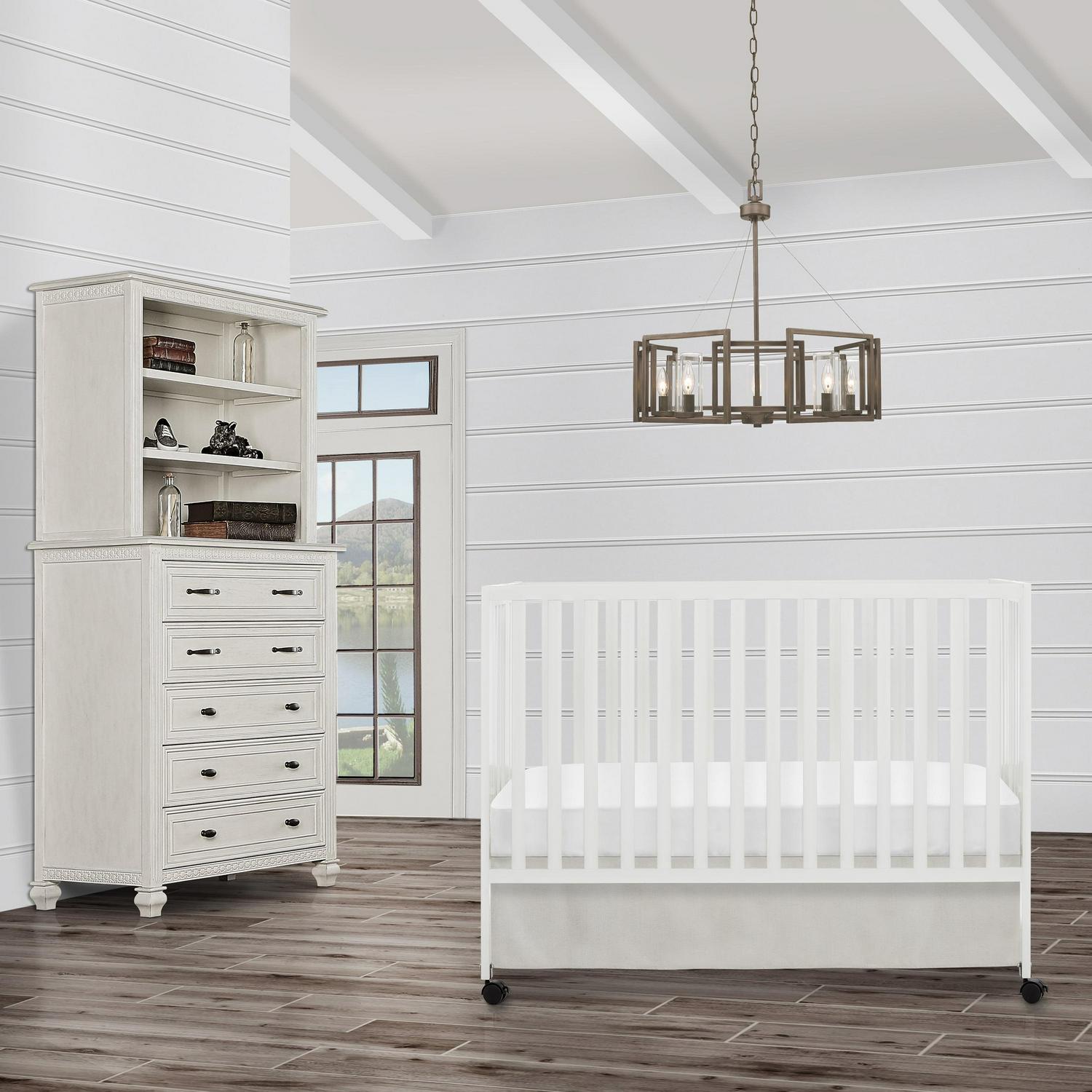 Dream on Me Quinn Full - Size Folding Crib. Removable Wheels. Modern Nursey. Adjustable Mattress Support. Patent Folding System in White