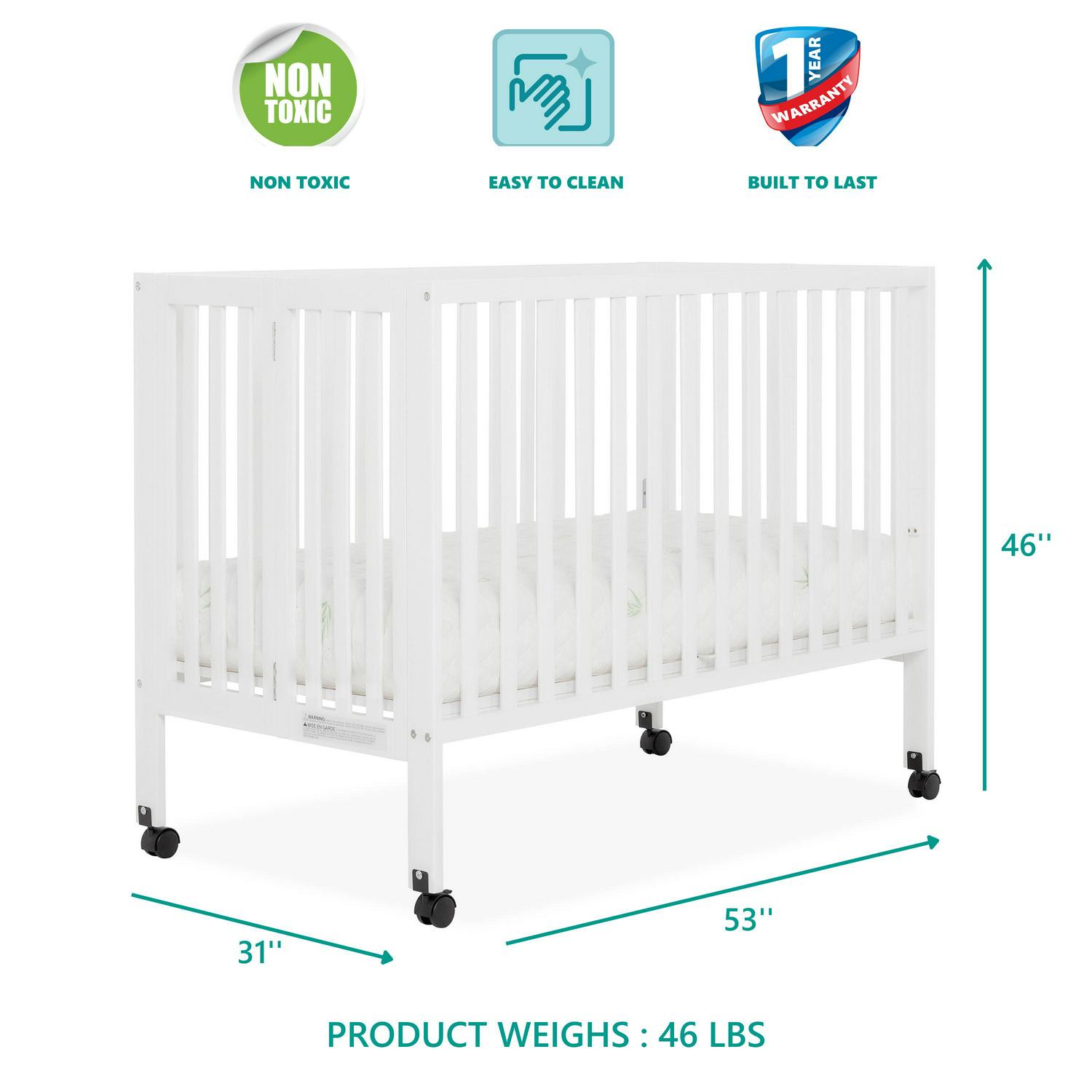 Dream on Me Quinn Full - Size Folding Crib. Removable Wheels. Modern Nursey. Adjustable Mattress Support. Patent Folding System in White