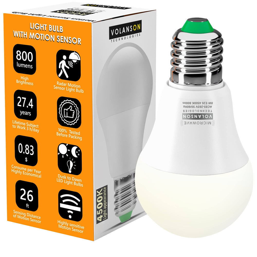 VOLANSON Motion Sensor Light Bulb Radar - 800lm Daylight Outdoor Indoor - Dusk to Dawn Motion Activated LED Bulbs - for Porch Garage Basement Stairwell - E26